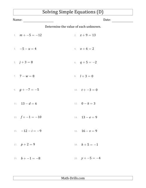 The Solving Simple Linear Equations with Unknown Values Between -9 and 9 and Variables on the Left Side (D) Math Worksheet