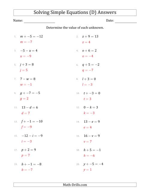 The Solving Simple Linear Equations with Unknown Values Between -9 and 9 and Variables on the Left Side (D) Math Worksheet Page 2