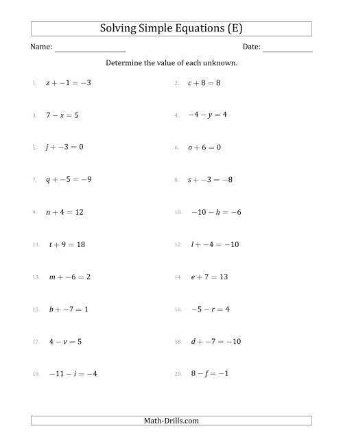 The Solving Simple Linear Equations with Unknown Values Between -9 and 9 and Variables on the Left Side (E) Math Worksheet