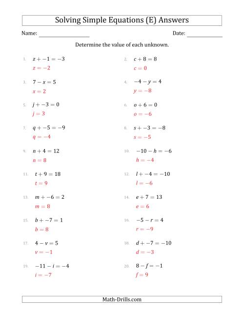 The Solving Simple Linear Equations with Unknown Values Between -9 and 9 and Variables on the Left Side (E) Math Worksheet Page 2