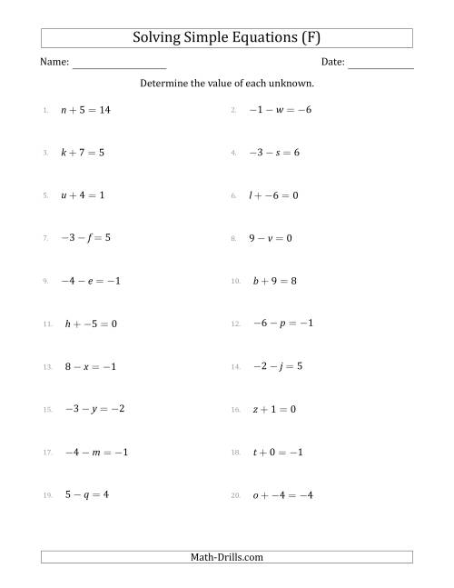 The Solving Simple Linear Equations with Unknown Values Between -9 and 9 and Variables on the Left Side (F) Math Worksheet