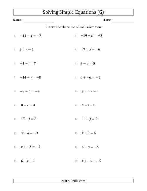 The Solving Simple Linear Equations with Unknown Values Between -9 and 9 and Variables on the Left Side (G) Math Worksheet