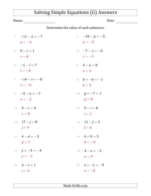 The Solving Simple Linear Equations with Unknown Values Between -9 and 9 and Variables on the Left Side (G) Math Worksheet Page 2