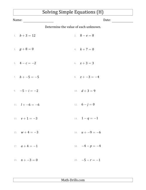 The Solving Simple Linear Equations with Unknown Values Between -9 and 9 and Variables on the Left Side (H) Math Worksheet