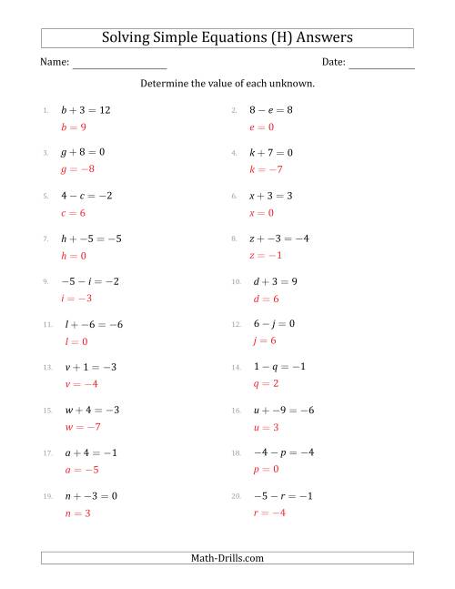 The Solving Simple Linear Equations with Unknown Values Between -9 and 9 and Variables on the Left Side (H) Math Worksheet Page 2