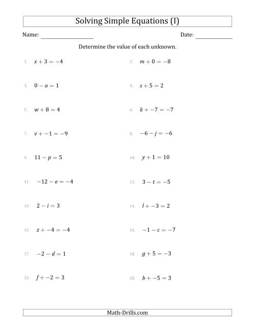 The Solving Simple Linear Equations with Unknown Values Between -9 and 9 and Variables on the Left Side (I) Math Worksheet
