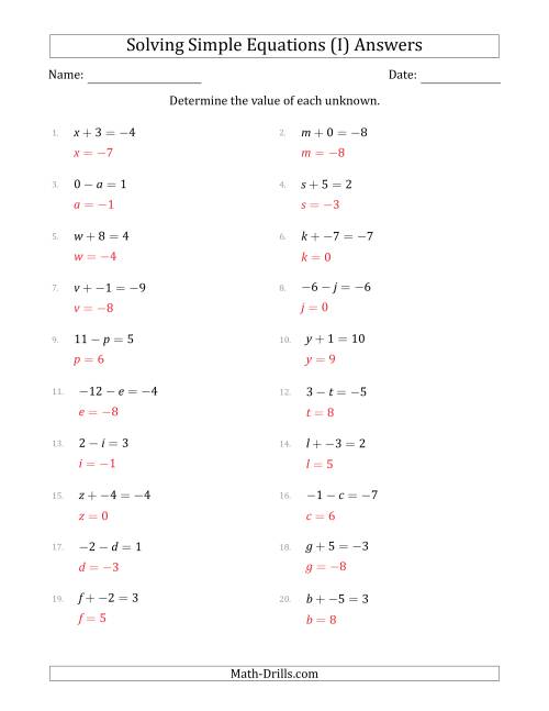 The Solving Simple Linear Equations with Unknown Values Between -9 and 9 and Variables on the Left Side (I) Math Worksheet Page 2