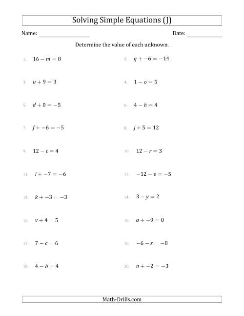 The Solving Simple Linear Equations with Unknown Values Between -9 and 9 and Variables on the Left Side (J) Math Worksheet