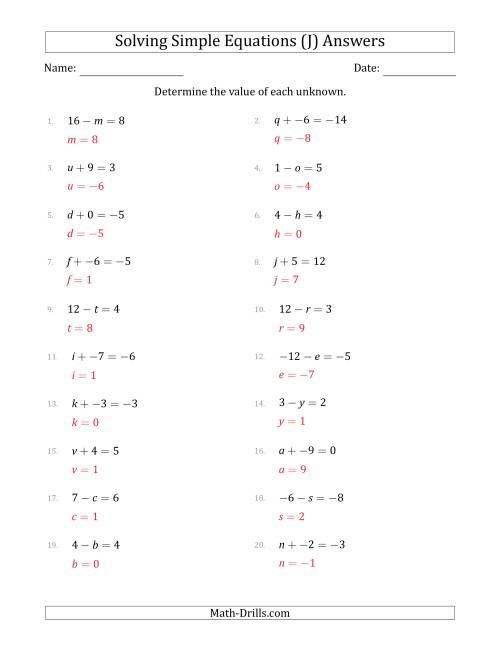 The Solving Simple Linear Equations with Unknown Values Between -9 and 9 and Variables on the Left Side (J) Math Worksheet Page 2