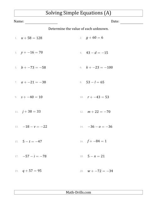 The Solving Simple Linear Equations with Unknown Values Between -99 and 99 and Variables on the Left Side (A) Math Worksheet