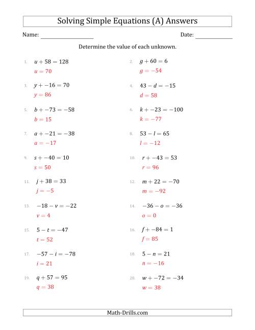 The Solving Simple Linear Equations with Unknown Values Between -99 and 99 and Variables on the Left Side (A) Math Worksheet Page 2