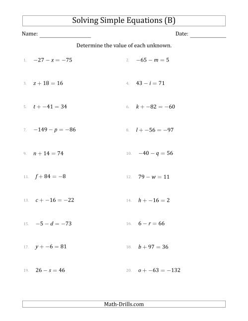 The Solving Simple Linear Equations with Unknown Values Between -99 and 99 and Variables on the Left Side (B) Math Worksheet