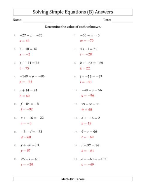 The Solving Simple Linear Equations with Unknown Values Between -99 and 99 and Variables on the Left Side (B) Math Worksheet Page 2