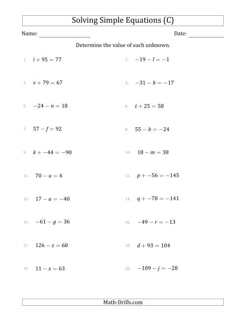 The Solving Simple Linear Equations with Unknown Values Between -99 and 99 and Variables on the Left Side (C) Math Worksheet