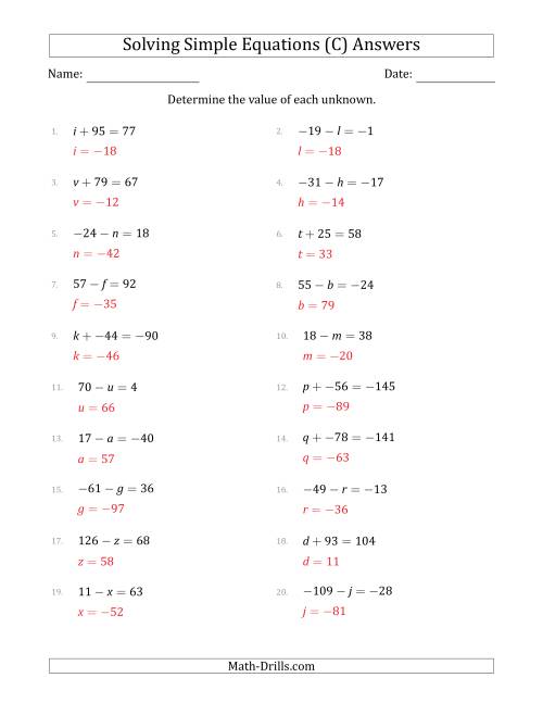 The Solving Simple Linear Equations with Unknown Values Between -99 and 99 and Variables on the Left Side (C) Math Worksheet Page 2