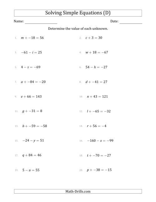 The Solving Simple Linear Equations with Unknown Values Between -99 and 99 and Variables on the Left Side (D) Math Worksheet