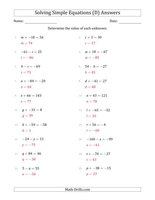 The Solving Simple Linear Equations with Unknown Values Between -99 and 99 and Variables on the Left Side (D) Math Worksheet Page 2