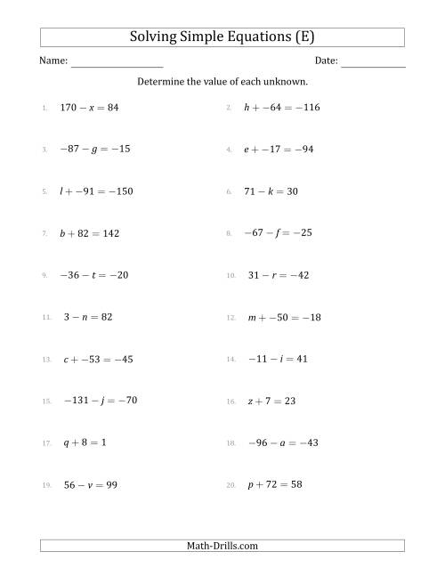 The Solving Simple Linear Equations with Unknown Values Between -99 and 99 and Variables on the Left Side (E) Math Worksheet
