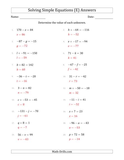 The Solving Simple Linear Equations with Unknown Values Between -99 and 99 and Variables on the Left Side (E) Math Worksheet Page 2