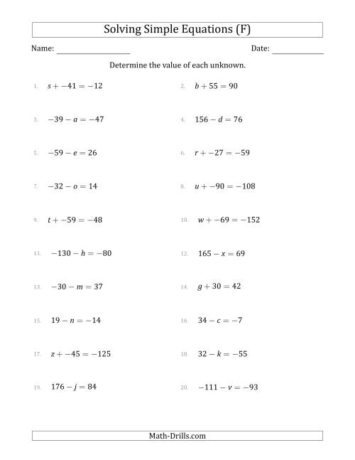 The Solving Simple Linear Equations with Unknown Values Between -99 and 99 and Variables on the Left Side (F) Math Worksheet