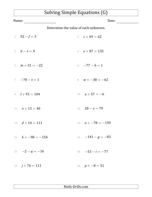 The Solving Simple Linear Equations with Unknown Values Between -99 and 99 and Variables on the Left Side (G) Math Worksheet