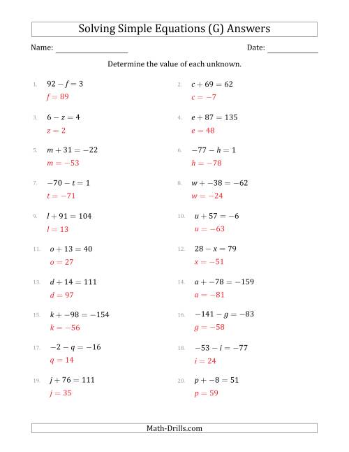 The Solving Simple Linear Equations with Unknown Values Between -99 and 99 and Variables on the Left Side (G) Math Worksheet Page 2