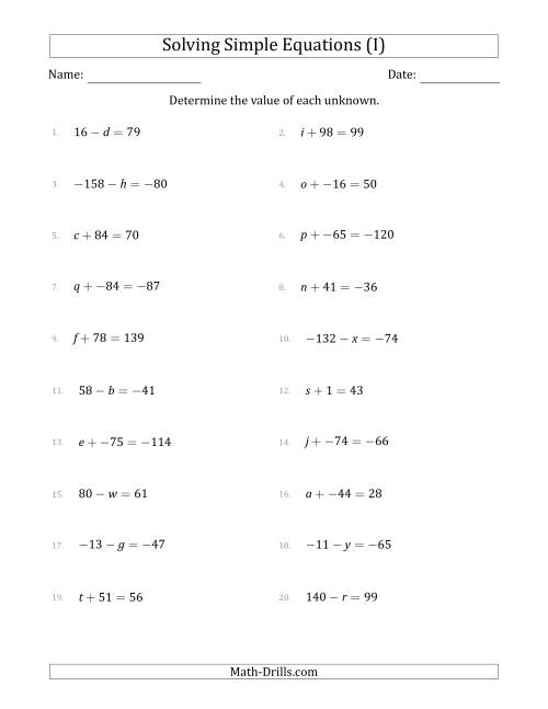 The Solving Simple Linear Equations with Unknown Values Between -99 and 99 and Variables on the Left Side (I) Math Worksheet