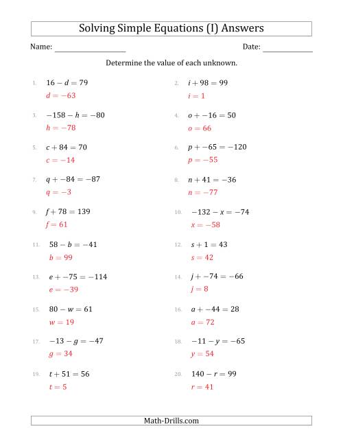 The Solving Simple Linear Equations with Unknown Values Between -99 and 99 and Variables on the Left Side (I) Math Worksheet Page 2