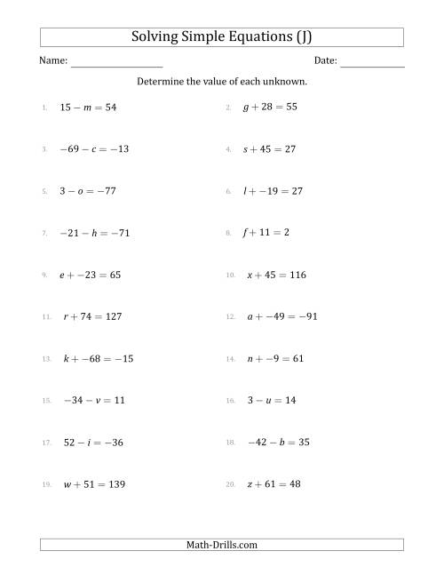 The Solving Simple Linear Equations with Unknown Values Between -99 and 99 and Variables on the Left Side (J) Math Worksheet