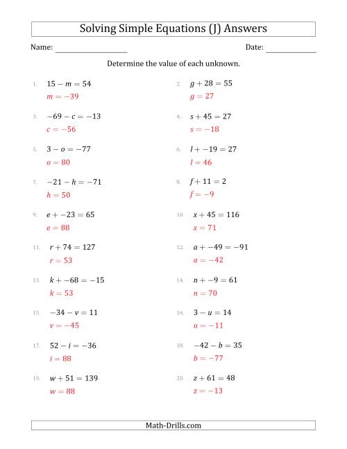 The Solving Simple Linear Equations with Unknown Values Between -99 and 99 and Variables on the Left Side (J) Math Worksheet Page 2