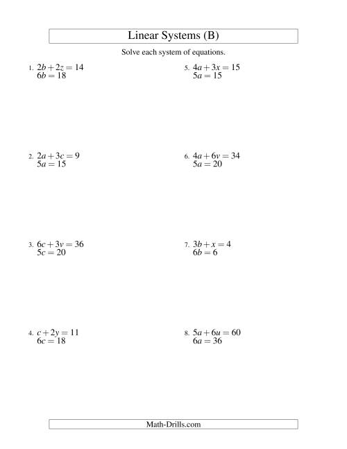 The Systems of Linear Equations -- Two Variables -- Easy (B) Math Worksheet
