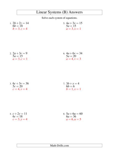 The Systems of Linear Equations -- Two Variables -- Easy (B) Math Worksheet Page 2