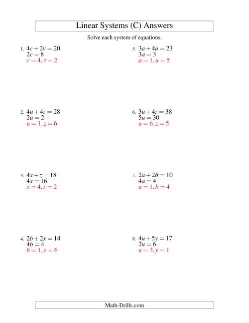 The Systems of Linear Equations -- Two Variables -- Easy (C) Math Worksheet Page 2