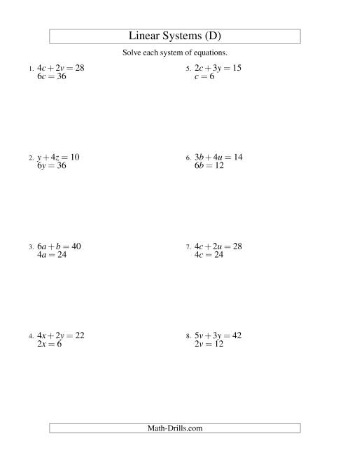 The Systems of Linear Equations -- Two Variables -- Easy (D) Math Worksheet