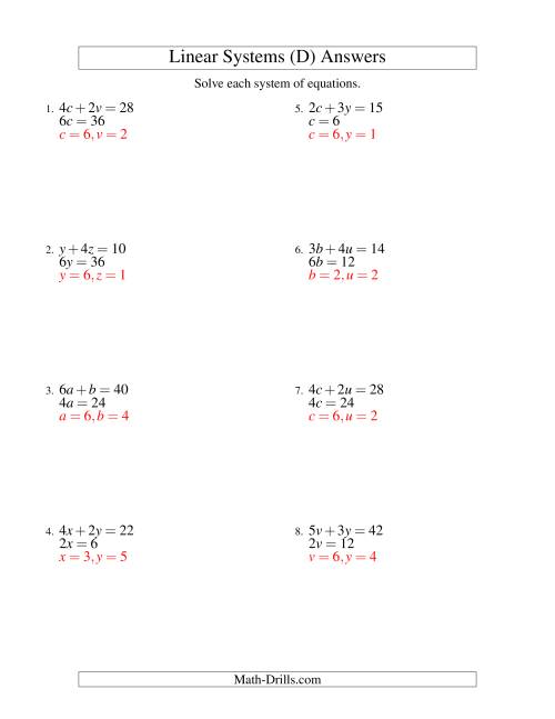 The Systems of Linear Equations -- Two Variables -- Easy (D) Math Worksheet Page 2
