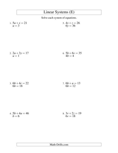 The Systems of Linear Equations -- Two Variables -- Easy (E) Math Worksheet