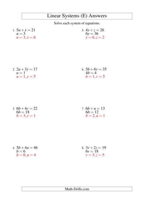 The Systems of Linear Equations -- Two Variables -- Easy (E) Math Worksheet Page 2