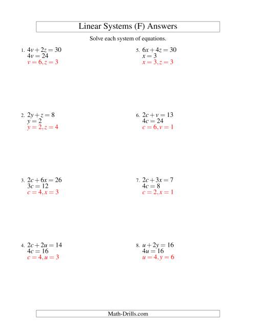 The Systems of Linear Equations -- Two Variables -- Easy (F) Math Worksheet Page 2