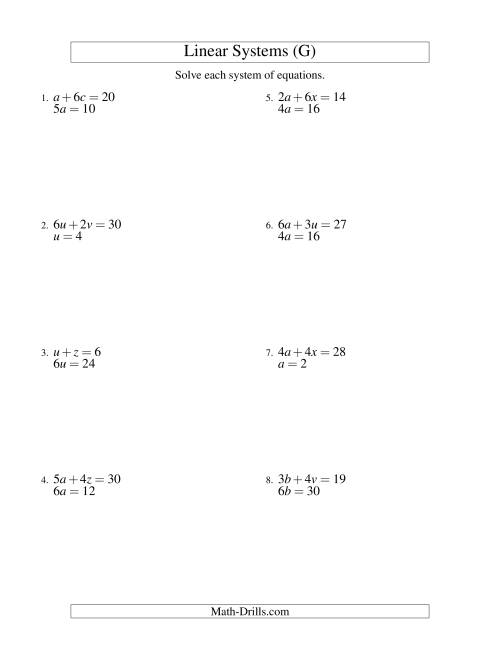 The Systems of Linear Equations -- Two Variables -- Easy (G) Math Worksheet