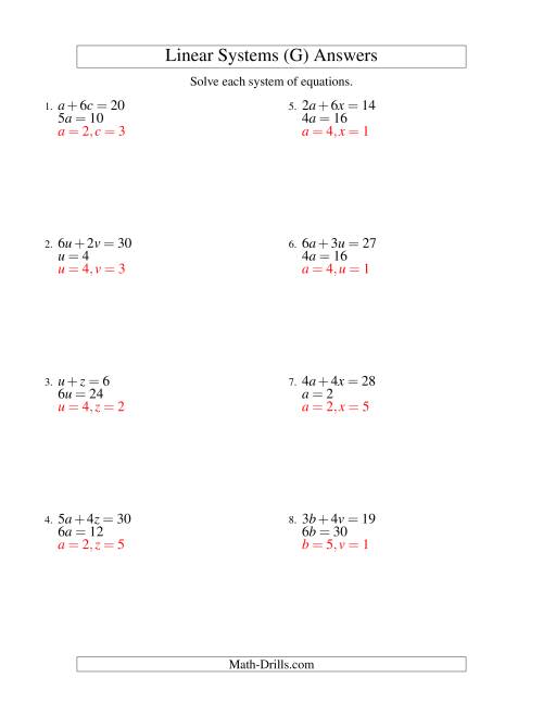 The Systems of Linear Equations -- Two Variables -- Easy (G) Math Worksheet Page 2