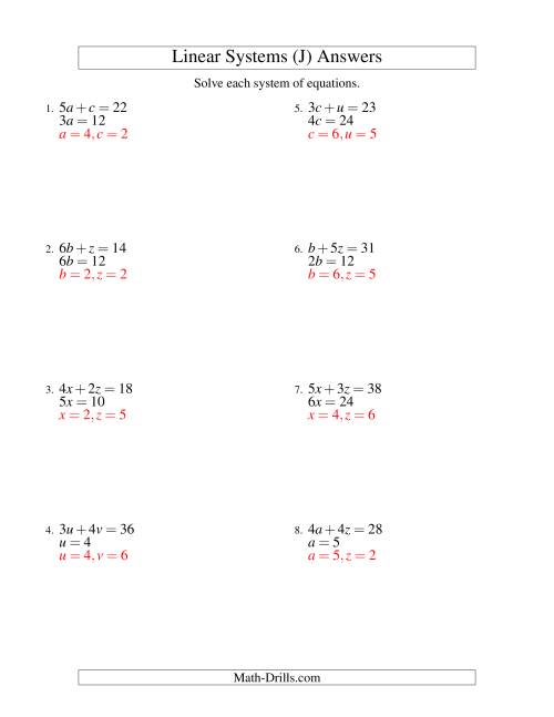 The Systems of Linear Equations -- Two Variables -- Easy (J) Math Worksheet Page 2