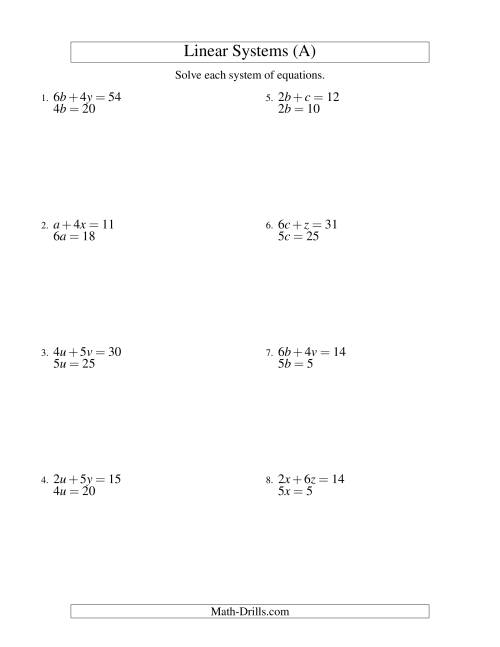 The Systems of Linear Equations -- Two Variables -- Easy (All) Math Worksheet