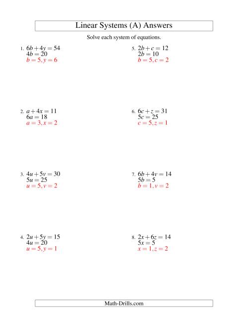 The Systems of Linear Equations -- Two Variables -- Easy (All) Math Worksheet Page 2