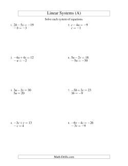 Systems of Linear Equations -- Two Variables Including Negative Values -- Easy
