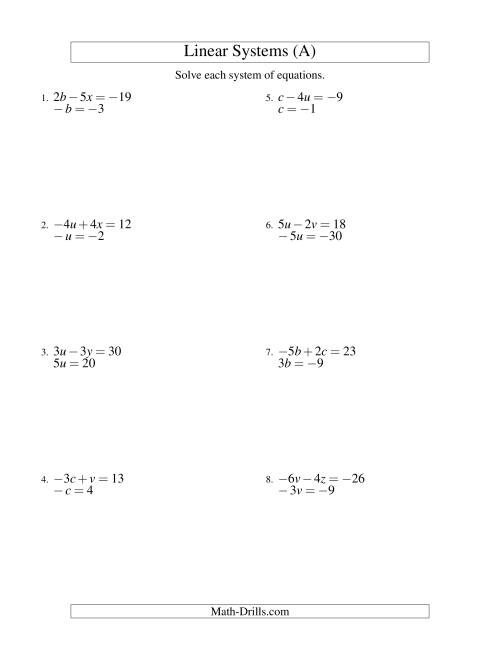 The Systems of Linear Equations -- Two Variables Including Negative Values -- Easy (A) Math Worksheet