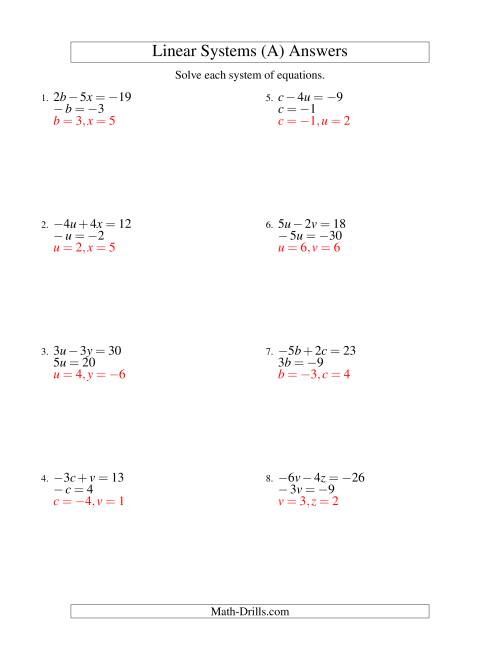 The Systems of Linear Equations -- Two Variables Including Negative Values -- Easy (A) Math Worksheet Page 2