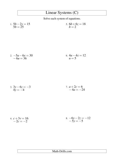 The Systems of Linear Equations -- Two Variables Including Negative Values -- Easy (C) Math Worksheet
