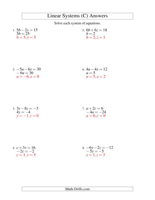 The Systems of Linear Equations -- Two Variables Including Negative Values -- Easy (C) Math Worksheet Page 2
