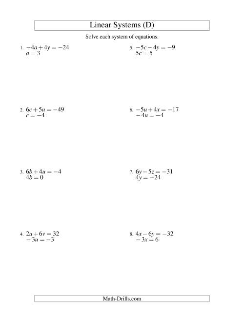The Systems of Linear Equations -- Two Variables Including Negative Values -- Easy (D) Math Worksheet