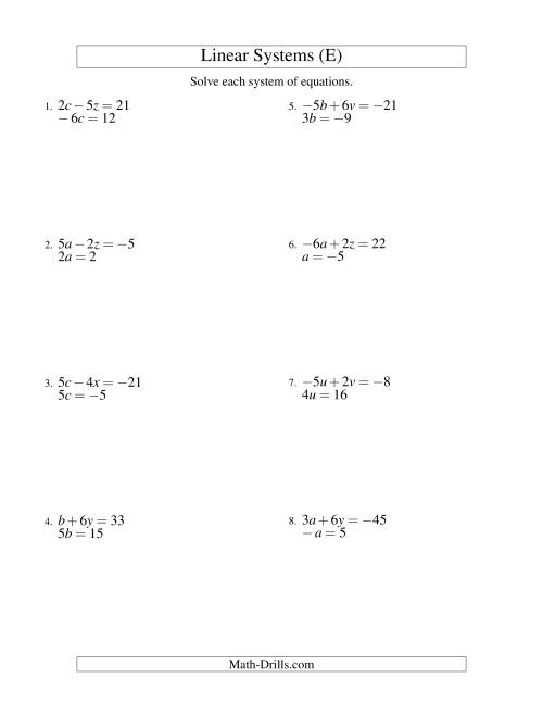The Systems of Linear Equations -- Two Variables Including Negative Values -- Easy (E) Math Worksheet